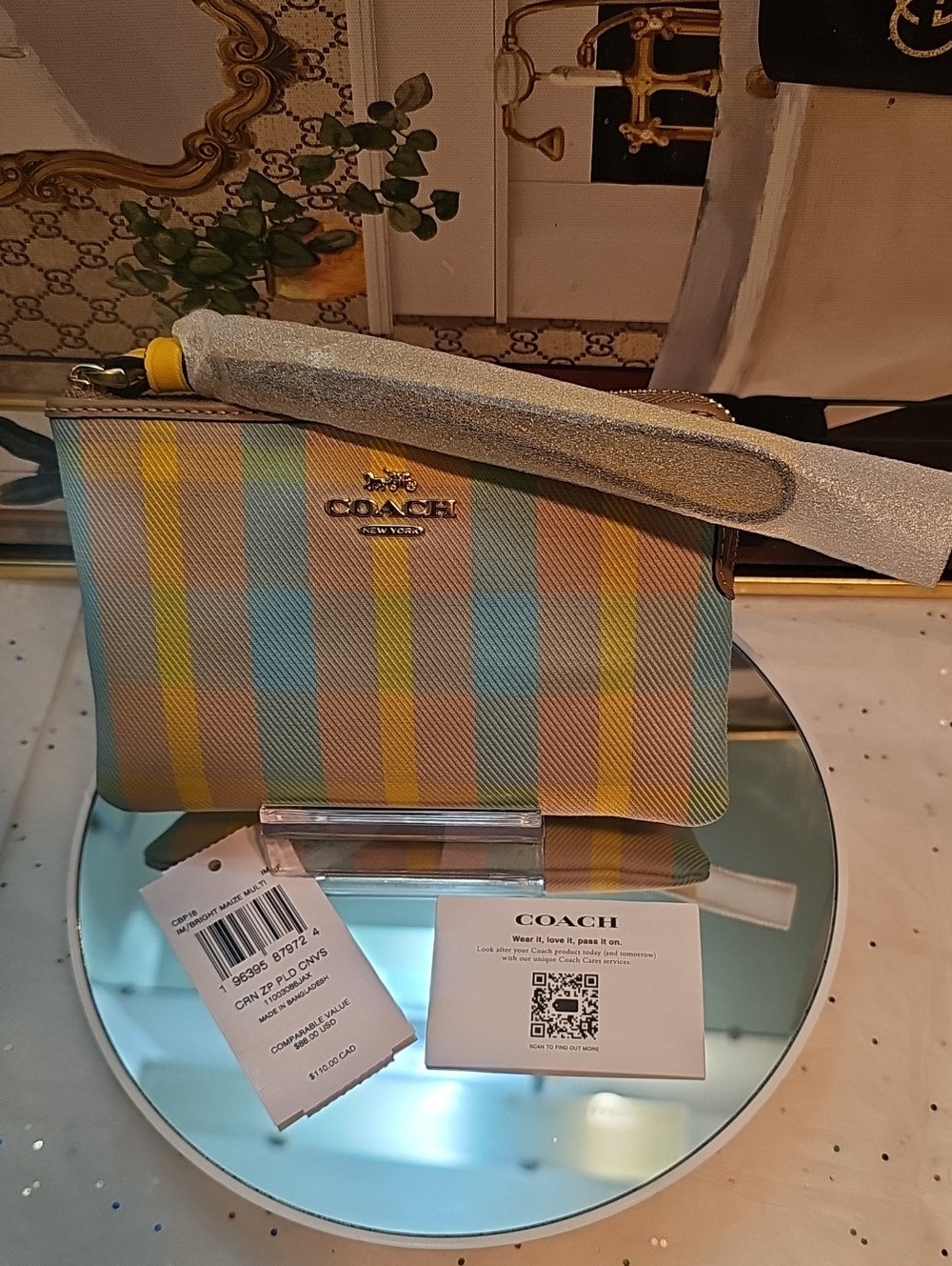 Coach Pastel Plaid - Yellow, Blue & Pink Wrislet Wallet Nwt